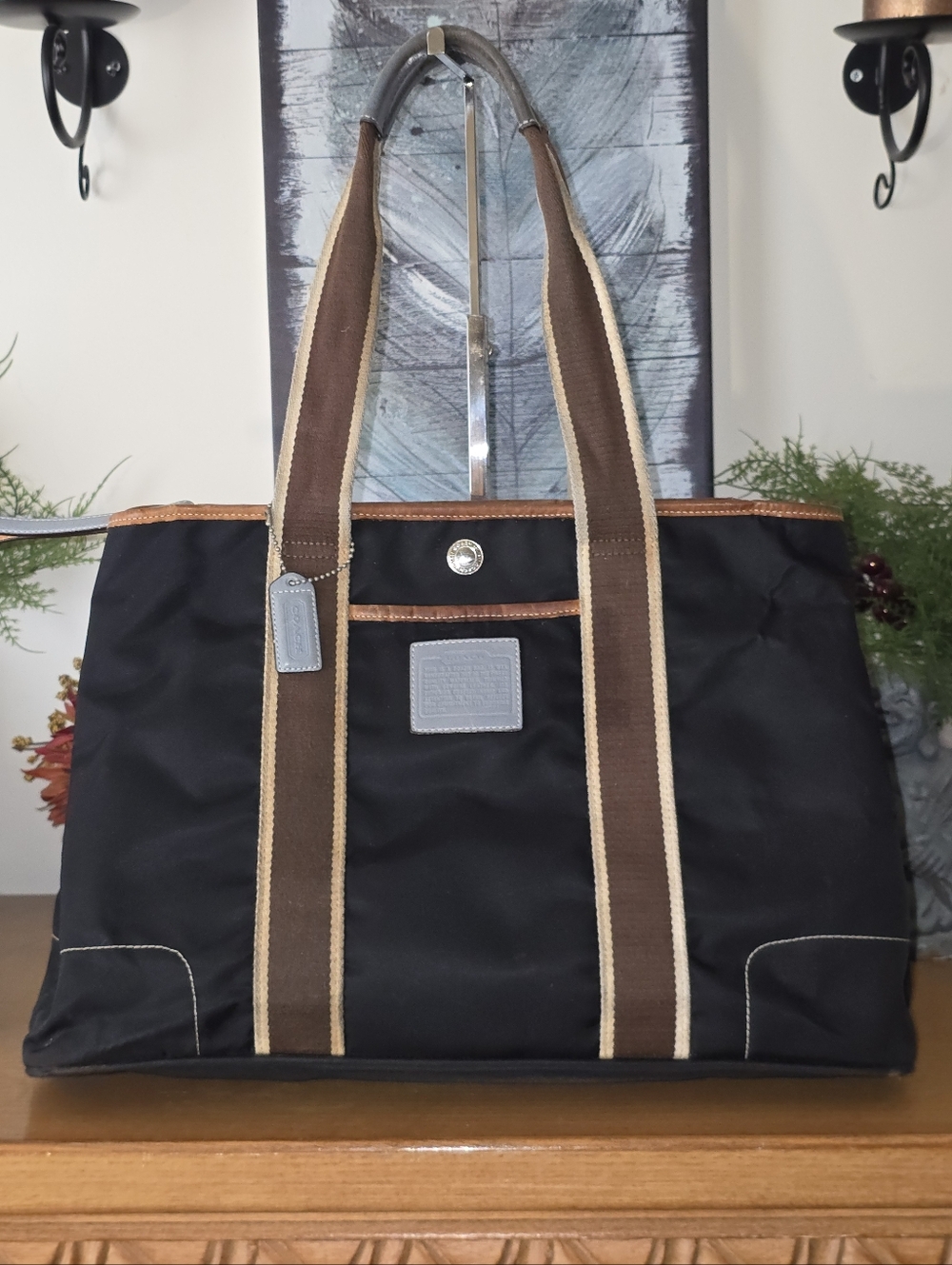 Classic Black Tote Bag with Brown Straps